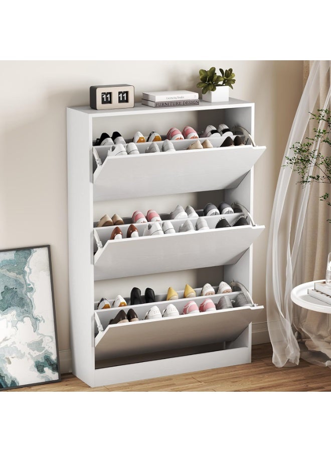 تشولوفز خزانة أحذية بيضاء بثلاثة أدراج قابلة للطي، منظم تخزين أحذية مخفي قائم بذاته للمدخل والردهة. الأبعاد: 80 سم × 24 سم × 120 سم - Image 1